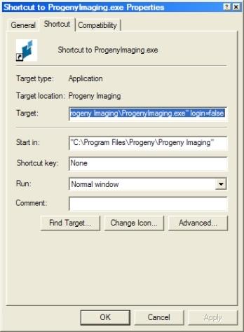 Figure 3-2: Progeny Imaging Shortcut Properties 6. In the Target text field, place your cursor to the right of the last character. 7. Type a space, and then type login=false. 8. Click Apply. 9.