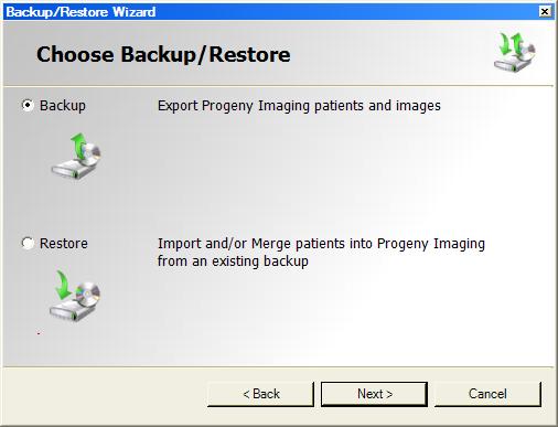 Figure 10-2: Backup/Restore Wizard--Choosing Backup or Restore Backing up a Patient Database Backing up the patient database regularly is important to ensure that patient data is not lost in case of