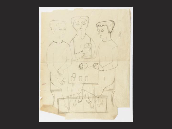 Drawing of the Card Players, initial sketch of ideas for The Country Wife We have in our Collection one drawing, the Card Players.
