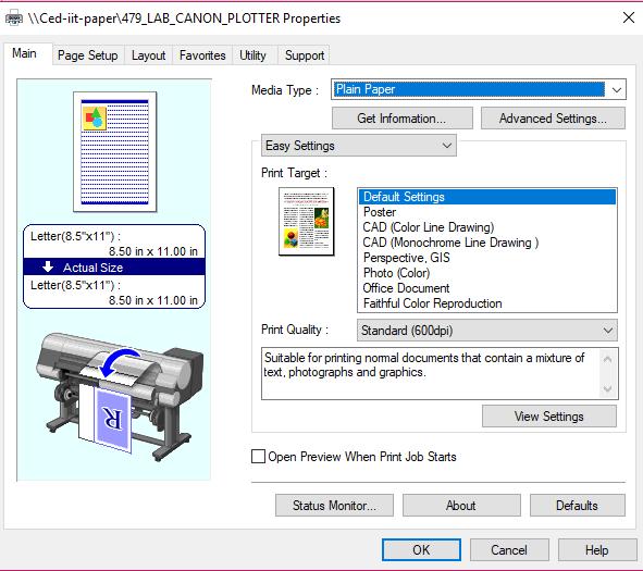 SELECT PROPERTIES 6) Setup printer & paper FILE -> PRINT-> PROPERTIES -> MAIN Select media type Standard CED paper roll is plain paper Verify