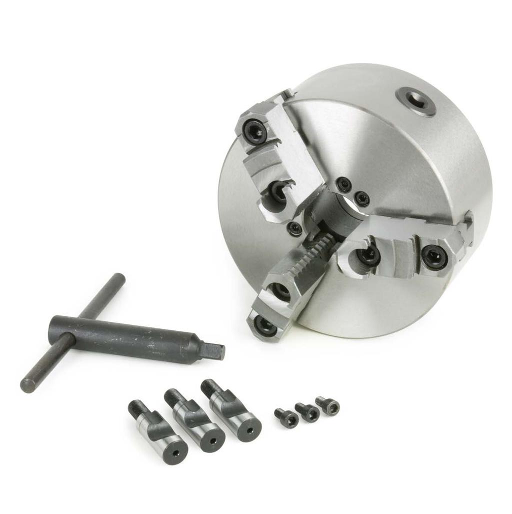 75 Mount: D1-4 (flange not included) Hardened and Ground Operating Screws Includes Reversible Jaw set, Chuck Key, and Cam Wrench Max RPM: 2000 PN 33336-4 - JAW INDEPENDENT REVERSIBLE 6 LATHE CHUCK 3