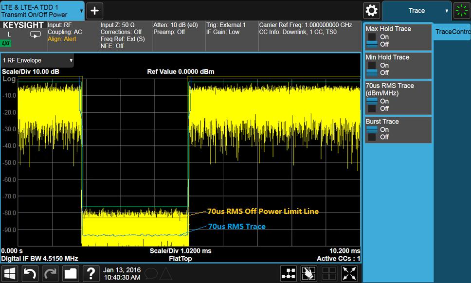 10 Keysight Overcoming LTE-A RF Test Challenges - Application Note Transmitter output power Transmitter ON (DL Subframe and DwPTS) 70 μs-avg ed OFF power Transmitter ON (DL Subframe and DwPTS)