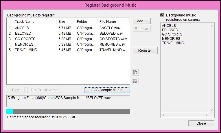 The music files in [Background music to register] are registered (copied) to the camera s memory card.