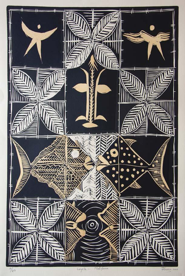Lapita Mulafanua, by Fatu Feu u, 2010. Woodcut on paper, edition of 40, 75 53 cm. This series of woodcuts was inspired by Lapita pottery, which was rediscovered in 1952 in New Caledonia.