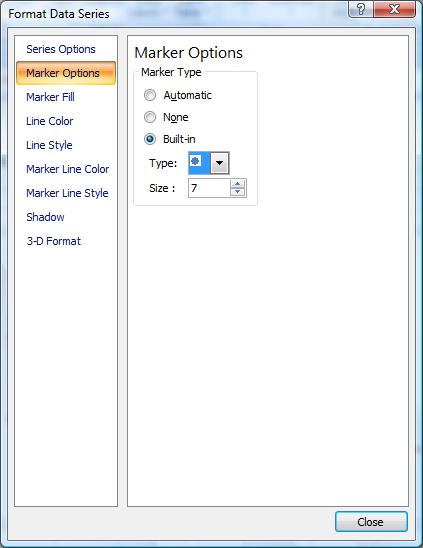 Click on Format selection Click on marker Options Click on Built in and select