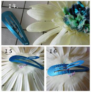 that right.) The flower, the ruched strip and some pins. 11. Fold the ends of the ruched strip towards the wrong side. Shape the short ruched strip into a circle, covering the center of the flower.