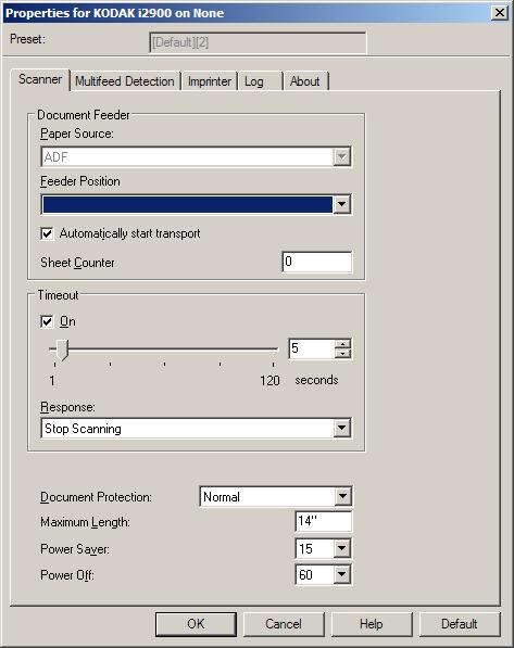 Scanner tab The Scanner tab provides the following options: Document Feeder Paper Source ADF: the input elevator is in the highest position.