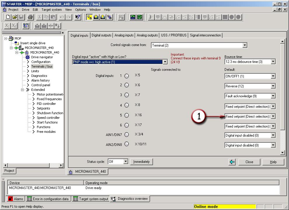 4.1.3 Selecting the digital inputs In the Terminal/Bus path, select the Digital inputs tab. Here, click in the window to select the function of digital input 5. Fig. 4.1.3 An alarm Digital input function selection (Fig.