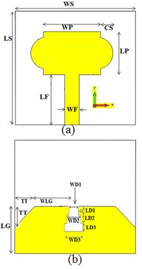 Table 1: Optimized parameters for basic hammer-shaped antenna. parameter size(mm) parameter size(mm) CS 3.5 TT 6 HS 1.6 WD1 2 LD1= LD2 1.3 WD2 3 LD3 1.3 WD3 4 LF 14 WF 4.03 LG 13.
