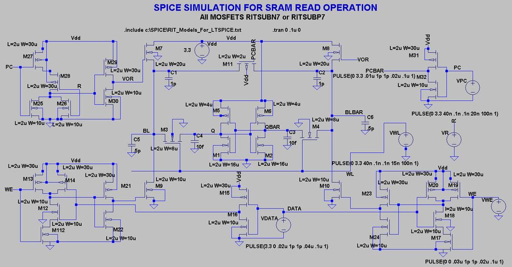 SPICE FOR SRAM WRITE This is a schematic of the sense amplifier and waveforms for the SRAM