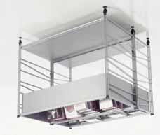 The panels, inserted in the chrome-plated tubular steel, open independently of each other, with a tip-up opening mechanism to access the storage space inside.