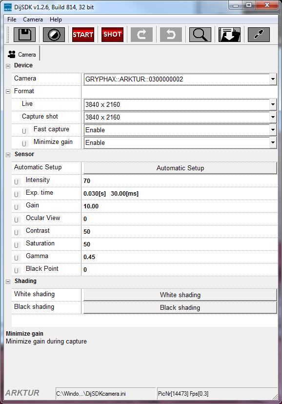 Overview of settings window: 1. Toolbar contains most important tools 2. Select active camera 3.