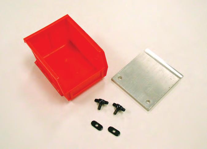 5. Perform the following substeps to mount the red plastic parts bin to the station.