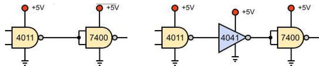 4.11 IC INTERFACING-CMOS DRIVING TTL AND CMOS DRIVING TTL Interfacing ICs under 5Volts power supply 1) Interfacing a CMOS to a TTL under 5Volts power supply Fig 4.11(a) Fig 4.11(b) Fig 4.