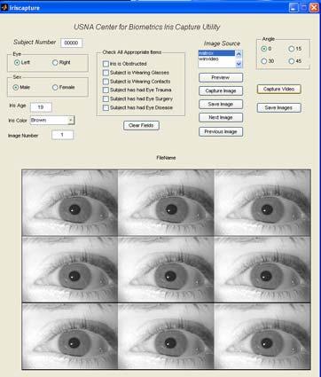 This information includes user subject number, which eye is being collected (right or left), ger, iris color, iris age, and whether the individual is wearing