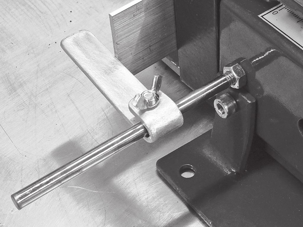 FIG. 2 Lock Nut [F] Stop Gauge [G] Screw [H] Wingnut [I] Stop Rod [E] 1. Thread the Stop Rod Locknut [F] onto the Stop Rod [E]. 2. Thread the Stop Rod with Locknut [E,F] into threaded hole in side left side of the Bending Brake Unit - [A] (FIG 2).
