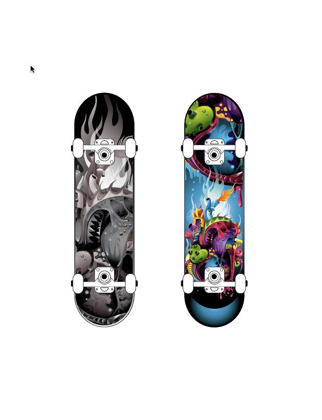 artwork versions on templates for skateboards and a T-shirt.