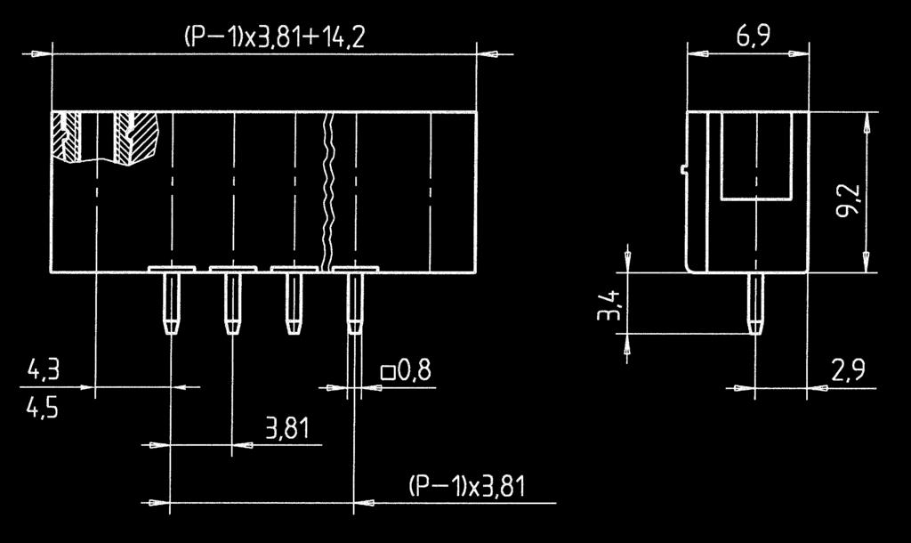 P.C. board plug-in connectors Header STL 15/ /3,81-V-F vertical STL 15/ /3,81-H-F horizontal 3,81 mm Rating 3,81 1, 0 V 0 V 8 A 9 A