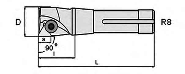 AP-90 R8 Indexable End Mills # of Inserts Effective Teeth ØD Ød L l Insert Screw ap Max Insert Style 6-941-105 APK-D1.00-R8-5.8--16 1.00 5.80 1.70 6-941-110 APK-D1.5-R8-5.