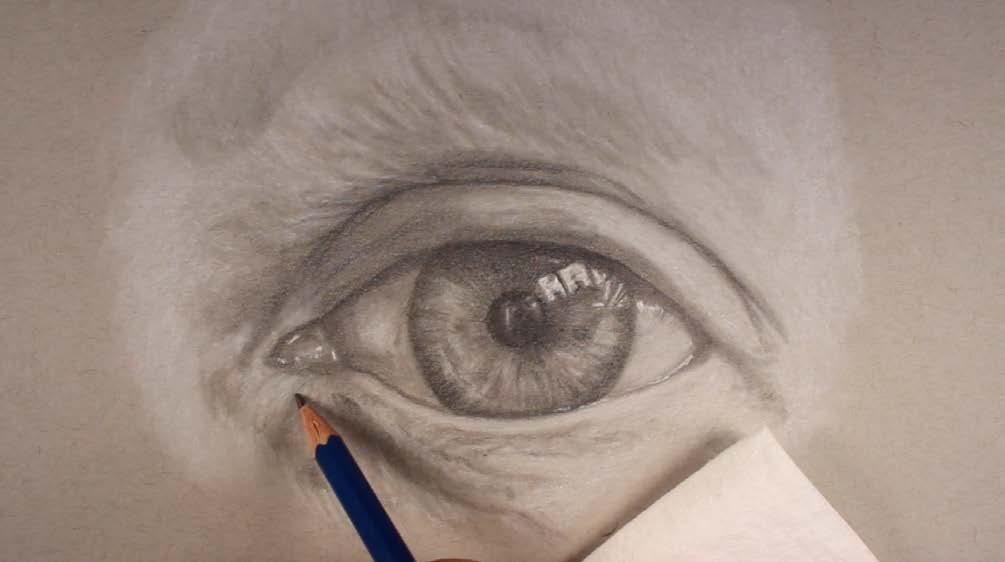 A sharpened HB pencil is applied to defined a few wrinkles and details around the eye. The sharpened white charcoal pencil is used to refine details and add highlights.