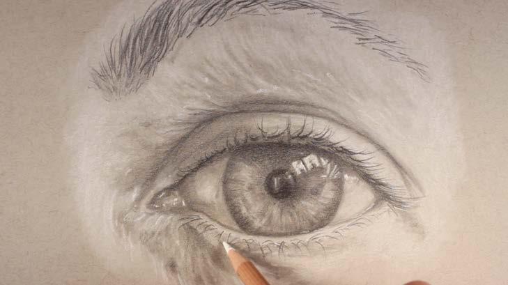 A few highlights are created on the eyelashes and a few of the lighter values
