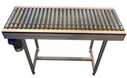 Roller conveyor, motorized Applications Straight compact and motorized conveyor to convey all types of cardboard boxes, flat bottom boxes, etc on zinc-plated steel rollers.