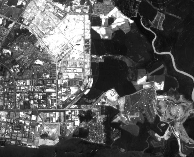 SPOT Panchromatic 23 A panchromatic image extracted from a SPOT panchromatic scene at a ground resolution of 10 m. The ground coverage is about 6.5 km (width) by 5.5 km (height).
