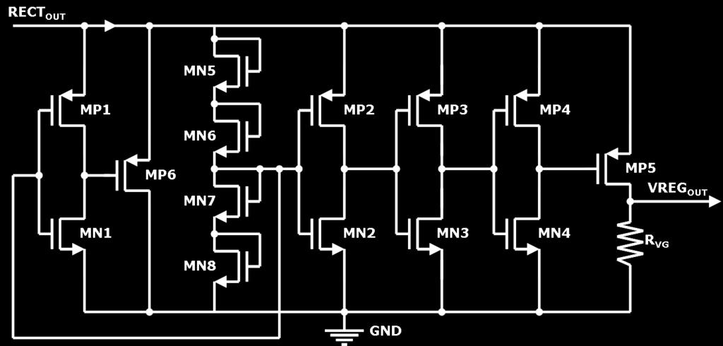 4.3 Voltage Regulator A voltage regulator is used to prevent the chip from being damaged due to high input power. Figure 4.18[34, Fig.9.4] shows the schematic diagram of a voltage regulator. Figure 4.18. Schematic Diagram of the Voltage Regulator.