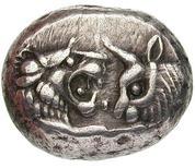 Kingdom of Lydia, Croesus (560?-546 BC), Siglos (1/2 Stater) Siglos (1/2 Stater) Year of Issue: -560 Weight (g): 5.06 Diameter (mm): 16.0 Silver Cyrus II defeated Croesus in 546.