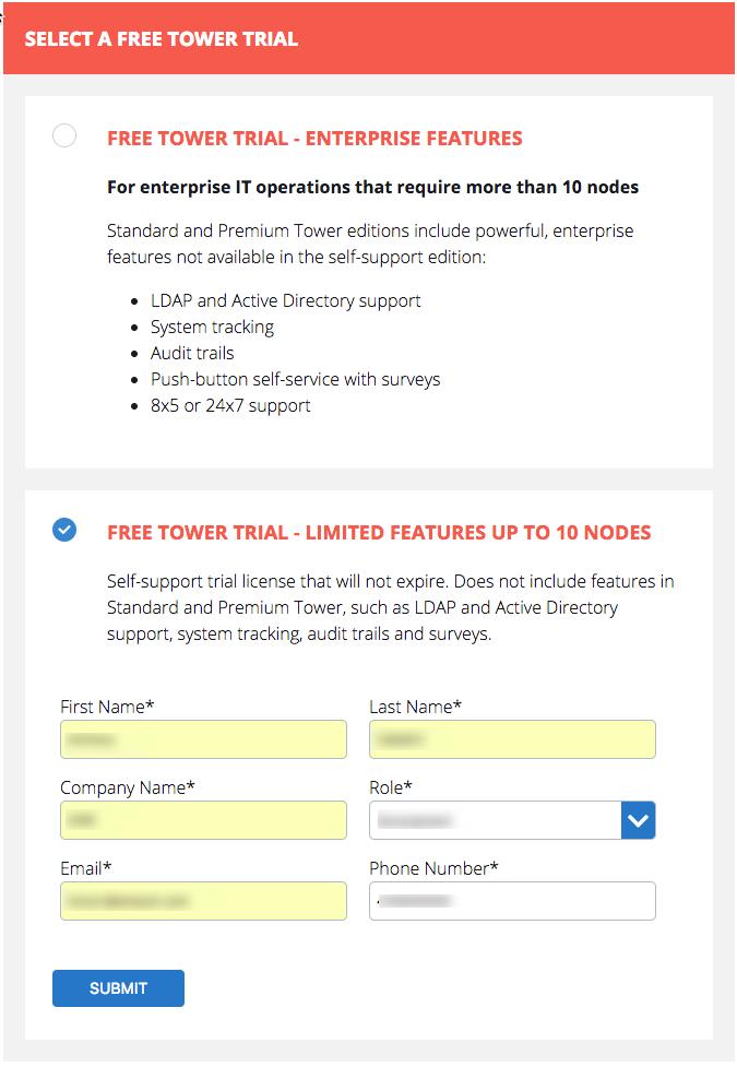 Figure 14: Selecting the free trial for Ansible Tower Ansible will send a trial license file similar to