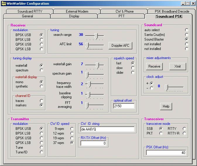 WinWarbler PSK Settings The PSK tab of WinWarbler's Configuration window contains three panels that control