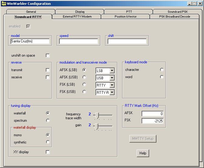 WinWarbler RTTY Settings The RTTY tab provides settings that control operation when WinWarbler is sending and receiving RTTY via the soundcard using the MMTTY RTTY engine.