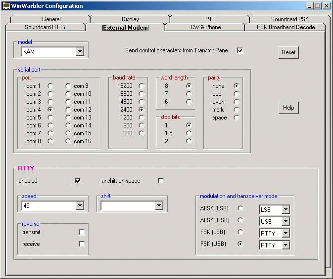 WinWarbler External Modem Settings The External Modem tab provides settings that control operation when WinWarbler is sending and receiving RTTY or CW via an external modem connected to your PC via a