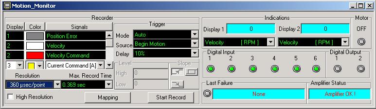 Current command 5. Set the Trigger Mode to Auto, the Source to Begin Motion and the Delay to 10%. Set the Resolution to 0.36 msec. 6.