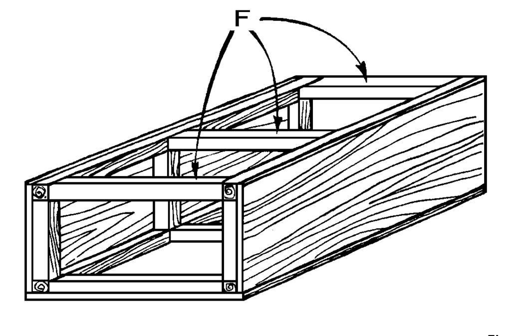 10. Cut three Front Horizontal Supports (F) from 2 x 2 pine, each 43-1/2 inches long. 11. Attach one Front Horizontal Support (F) between the Inner Vertical Supports, at the very top of the Sides (A).