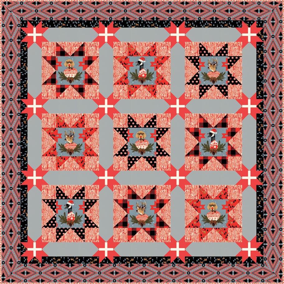 Holidays with Our Homies Featuring Holiday Homies by Tula Pink Celebrate the holidays with Buck the dog, Gus the buck, and Ryan the goose in this whimsical saw tooth star quilt.