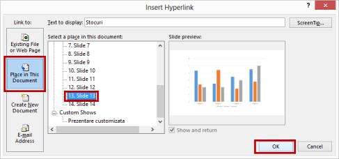 Crearea unui hiperlink către un diapozitiv din aceeași prezentare Selectați textul, forma sau imaginea pe care doriți să o utilizați ca hyperlink.