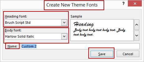 Pe fila Design (Proiectare), în grupul Variants (Variante), faceți clic pe Font (Fonturi), apoi faceți clic pe Customize fonts (Creare noi fonturi pentru temă).