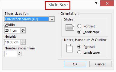 - Efectuați una dintre următoarele activități în caseta Slide size (Dimensiune diapozitiv): o Setați dimensiunile pentru înălțime și lățime și orientarea.