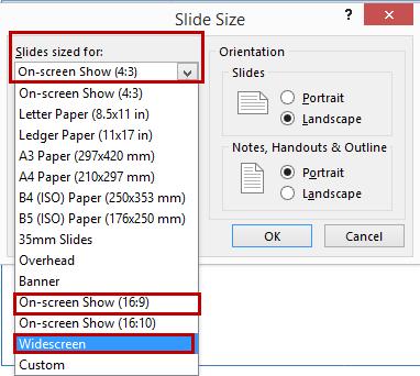 SFAT: În caseta jos Slide Size (Diapozitive dimensionate), veți observa că există două opțiuni pentru proporțiile de aspect 16:9: Widescreen (Ecran lat) și On-screen Show (16:9) (Expunere pe ecran