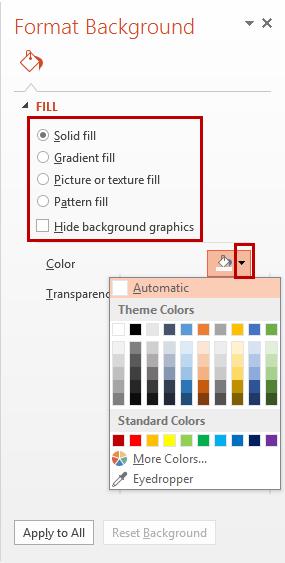 Modificarea culorii de fundal a diapozitivelor Puteți să aplicați o culoare de fundal unui diapozitiv urmând pașii de mai jos: - Pe fila Design (Proiectare), faceți clic pe Format Background (Format