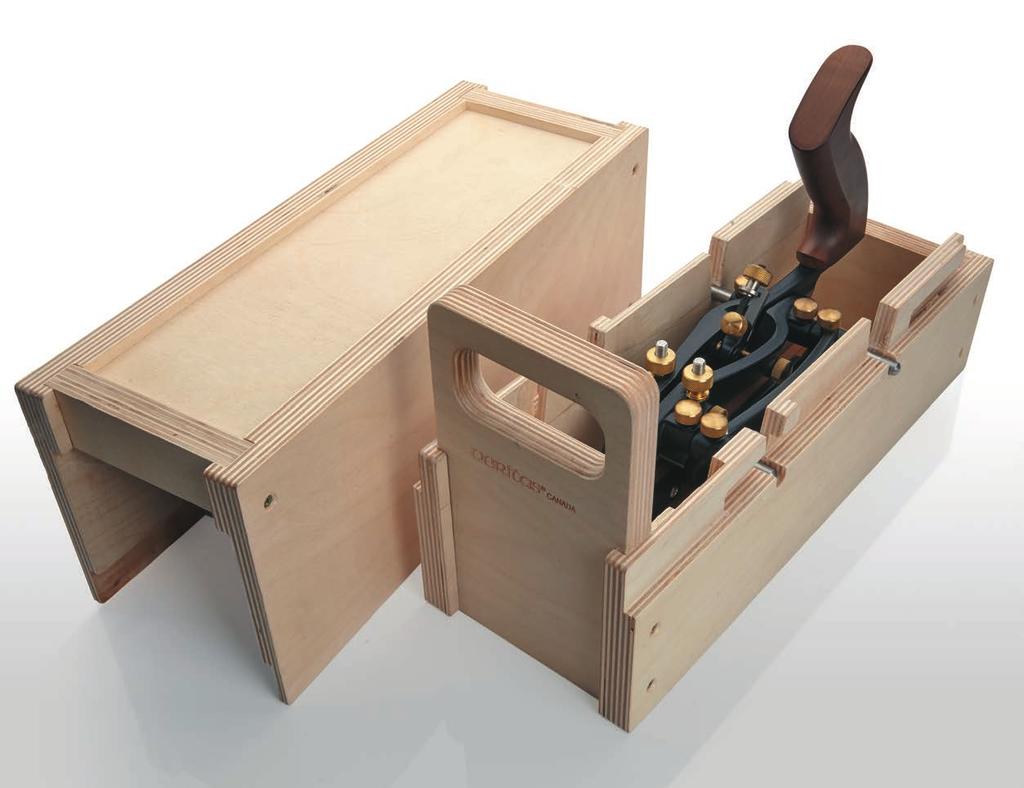 The top of the box fits into channels in the box base, locking the plane in position as well as securing other contents.