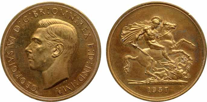 About Uncirculated $700-800 42 42 GREAT BRITAIN, GEORGE VI, GOLD 5 POUNDS, 1937, PROOF KM-861, S-4074.