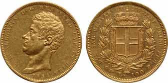 Gem Uncirculated $1,400-1,600 44 44 ITALIAN STATES, SARDINIA, CARLO ALBERTO, 100 LIRE, 1834- P KM-C-117.1. Despite the light wear, good detailing remains on this bright golden example.