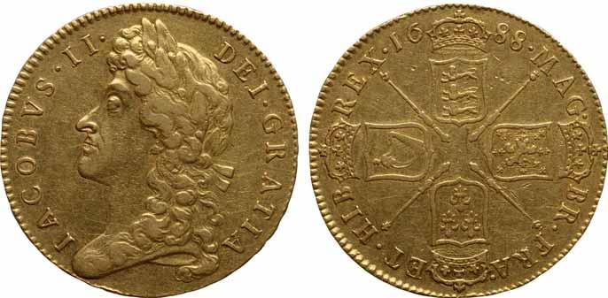 55 55 GREAT BRITAIN, JAMES II, GOLD 5 GUINEAS, 1688, XF45 PCGS 41.3 Grams. S-3397A, 2nd Bust. The edge is not visible in the slab but presumably it is TERTIO.