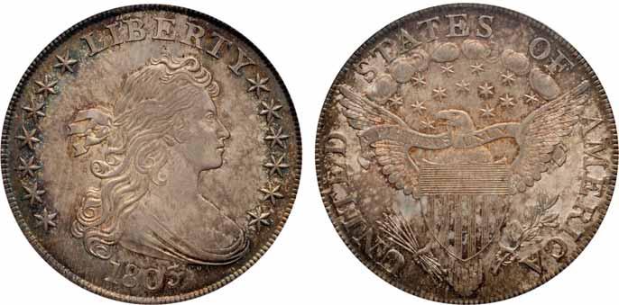 173 173 1803 $1 MS63 SMALL 3 PCGS B-5, BB-252, R.2. This exceptional Draped Bust dollar is among the finest of the Small 3 variety dollars extant.
