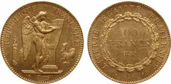 $1,350-1,450 11 11 FRANCE, REPUBLIC, GOLD 100 FRANCS, 1906-A. KM-832. Full copper-golden mint brilliance with only the slightest amount of stacking friction on the central obverse design highpoints.