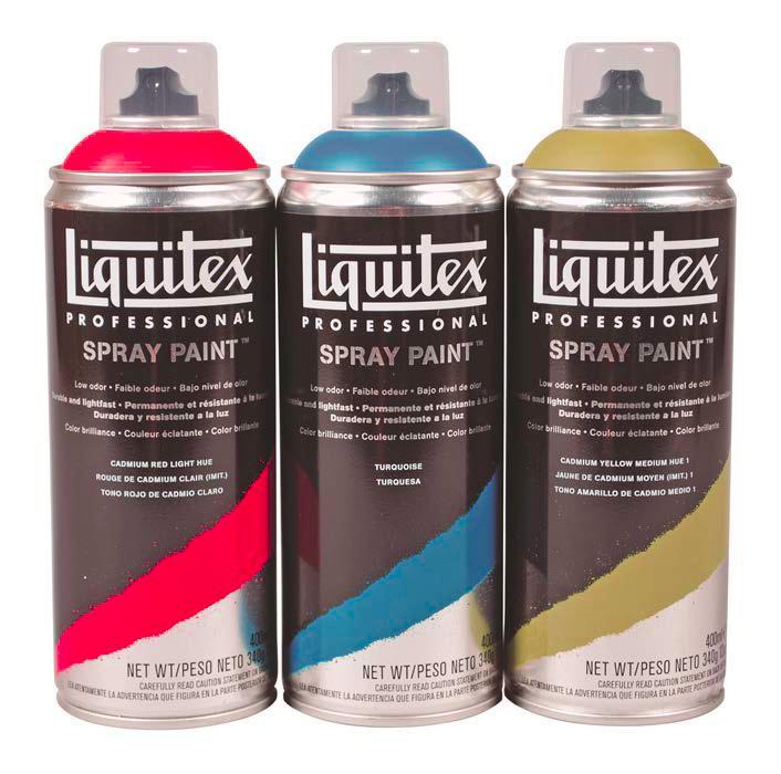 Liquitex Spray Paint Low Odour Water based technology Lightfast (except fluorescents) Fine art pigments High Durability 100 colour spectrum 50 colours matched