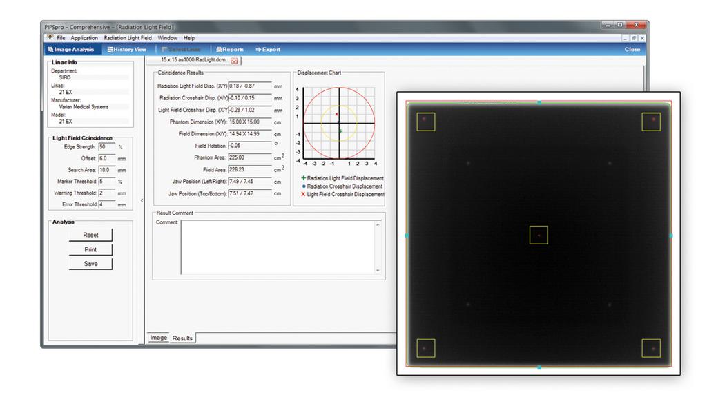 defined by jaws or MLCs. Starshot Analysis PIPSpro s StarShot module uses EPID MV or film images to measure rotational deviations in gantry, collimator, and couch mechanical isocenters.