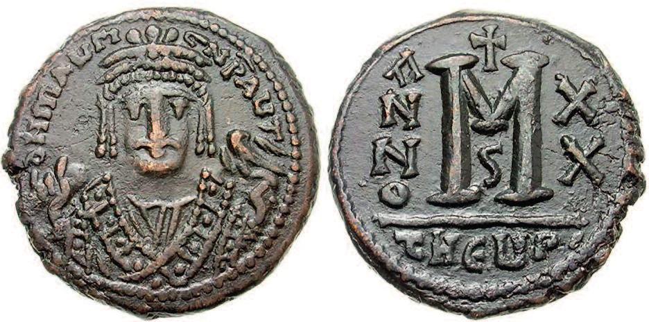 folles minted at Antioch. (Figure 10) Moreover, the die engraver has given Heraclius a trefoil crown, which appeared only on folles of Maurice Tiberius (582-602) minted at Antioch.